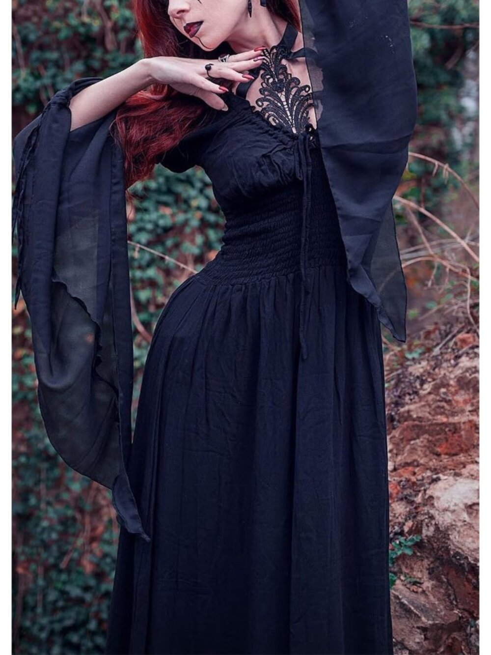 🎃 Women Black Renaissance Witch Dress Peasant Gothic Fairy Halloween Costumes - Picture 2 of 4